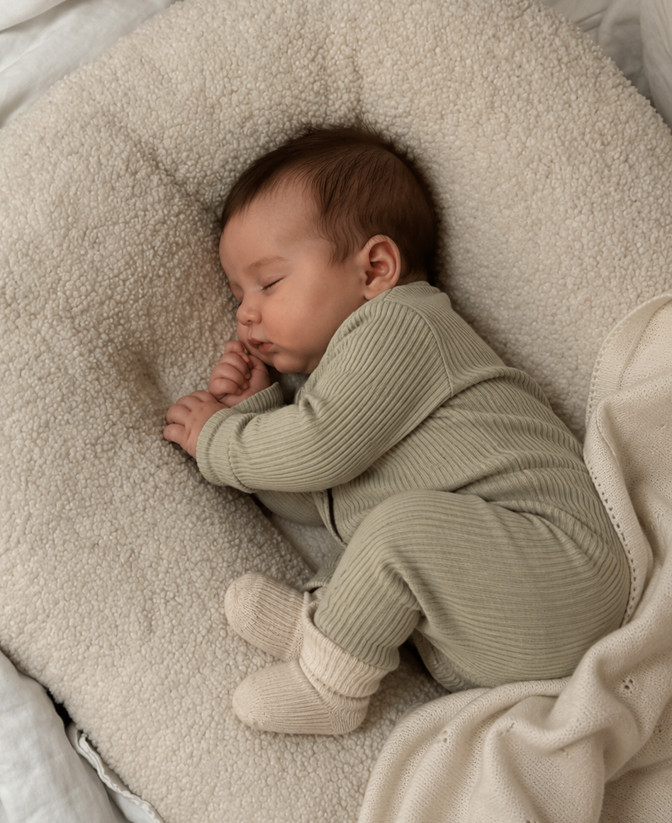 Sleeping infant resting on a soft lounger, curled on their side